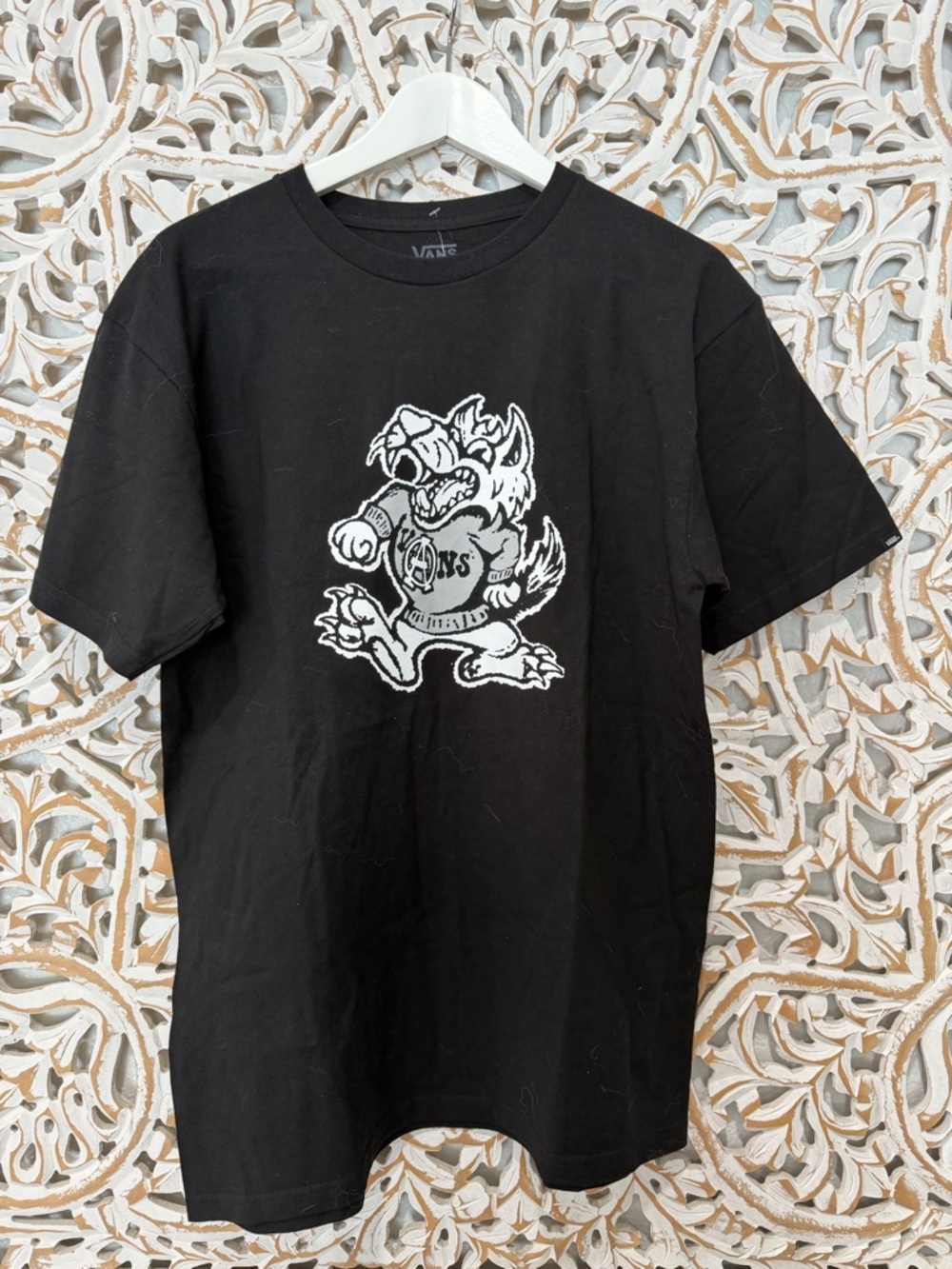 Vans Black Tee with White Cartoon Wolf logo